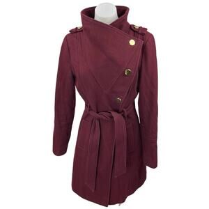 Guess Red Wool Gold Buttons Long Sleeve Belted Asymmetrical Trench Coat Jacket M